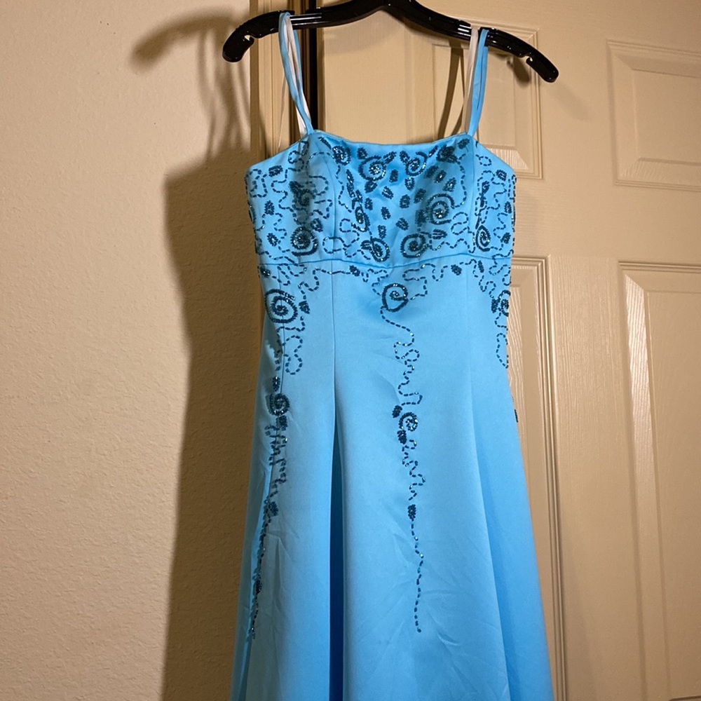 Vintage 2000s y2k Long Blue Beaded Pleated Evening Formal Prom Dress